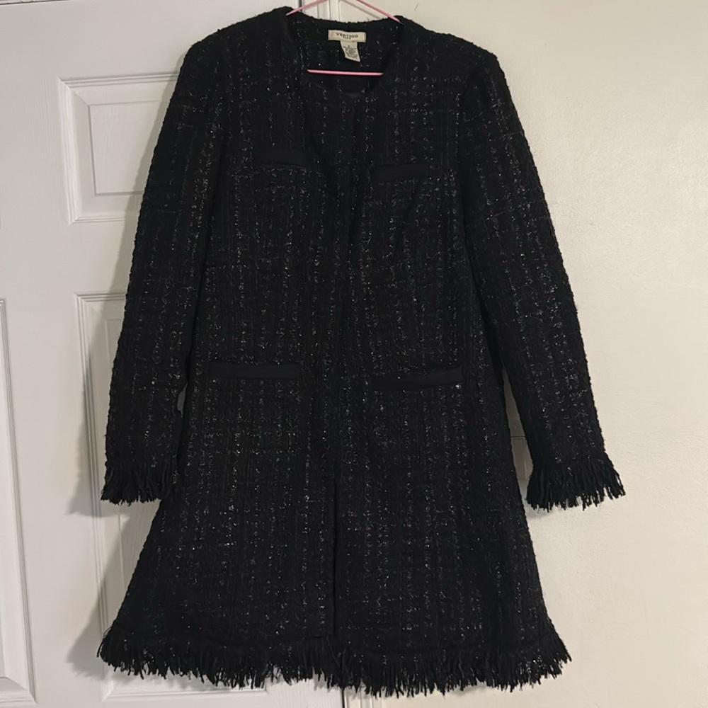 BLACK TWEED FRINGE BOUCLE COAT